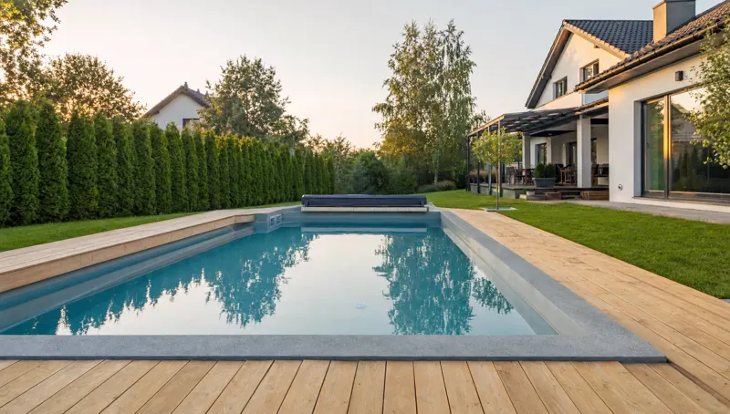 Piscină exterioară cu terasă din lemn, într-o curte de casă