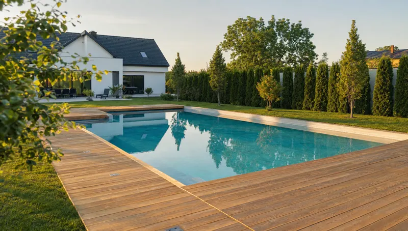 Piscină modernă lângă o casă cu tencuială albă