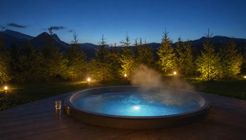 Jacuzzi exterior pe terasă din lemn, seara